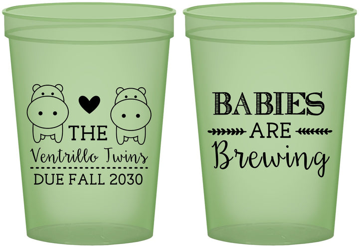 Custom Baby Shower 16 oz Glow In The Dark Cups - Twins Baby Hippos | 90069