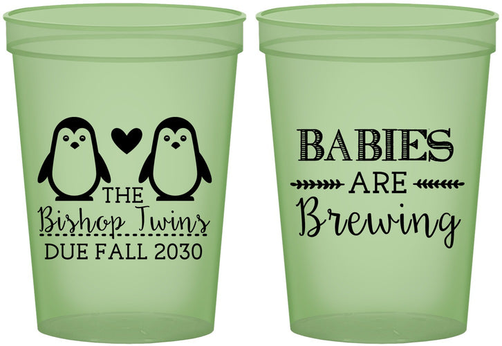 Custom Baby Shower 16 oz Glow In The Dark Cups - Twins Baby Penguins | 90070