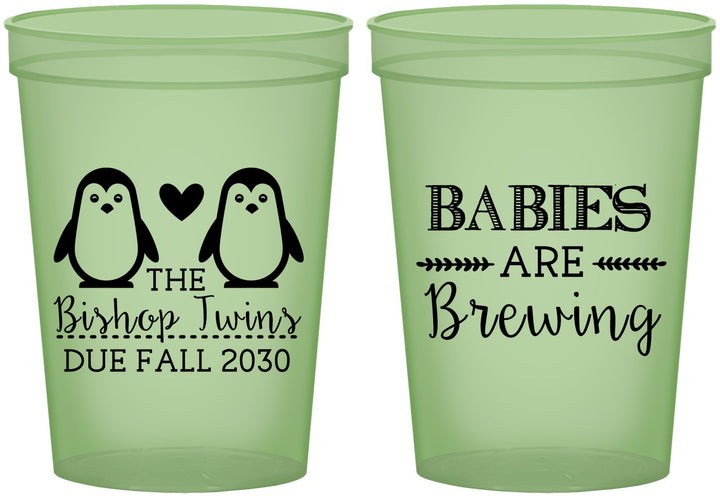 Custom Baby Shower 16 oz Glow In The Dark Cups - Twins Baby Penguins | 90070