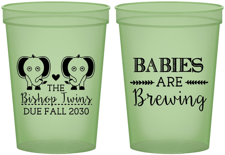 Custom Baby Shower 16 oz Glow In The Dark Cups - Twins Baby Elephant | 90071