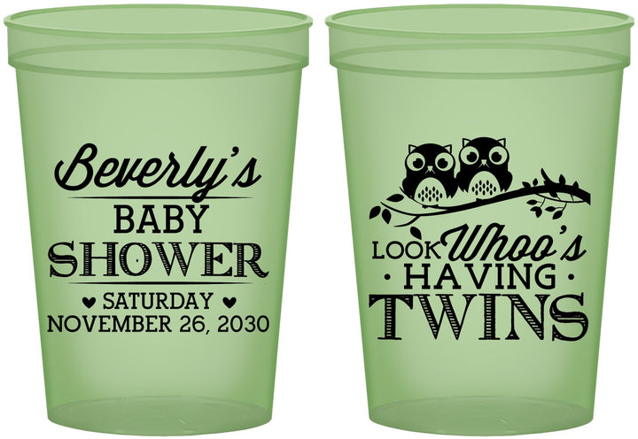 Custom Baby Shower 16 oz Glow In The Dark Cups - Twins Baby Owls | 90074