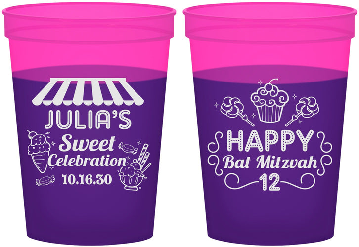 Custom Bat Mitzvah 16 oz Color Changing Cups - 12th Birthday Cupcake | 120010