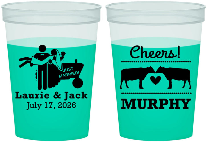 Custom Wedding 16 oz Color Changing Cups - Tractor Cows | 257