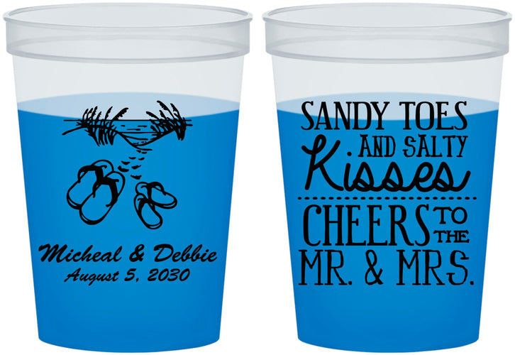 Custom Wedding 16 oz Color Changing Cups - Sandy Feet Salty Kisses | 357
