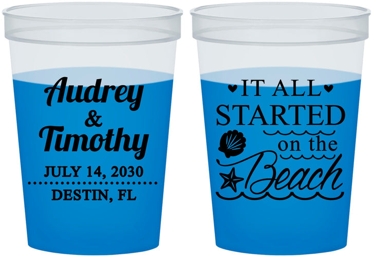 Custom Wedding 16 oz Color Changing Cups - Started On The Beach | 361
