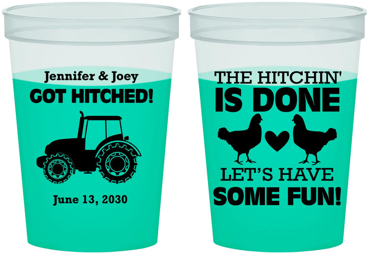 Custom Wedding 16 oz Color Changing Cups - Got Hitched Tractor | 397