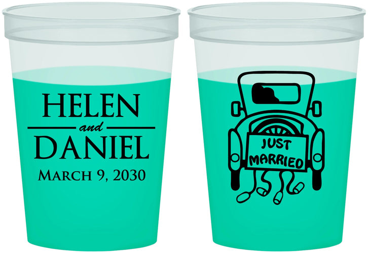 Custom Wedding 16 oz Color Changing Cups - Just Married Old Car | 413