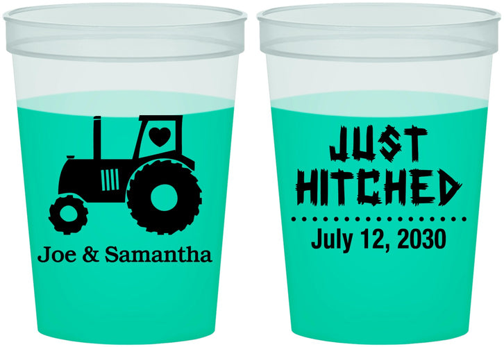 Custom Wedding 16 oz Color Changing Cups - Just Hitched Tractor | 429