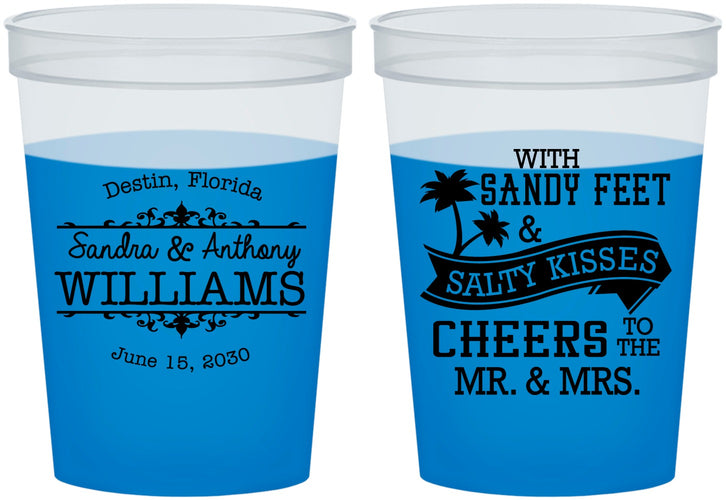 Custom Wedding 16 oz Color Changing Cups - Sandy Feet Salty Kisses | 434