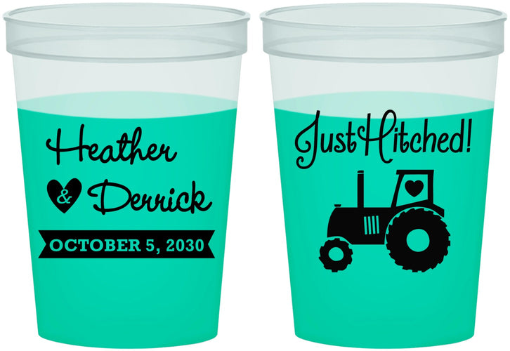 Custom Wedding 16 oz Color Changing Cups - Just Hitched Tractor | 482