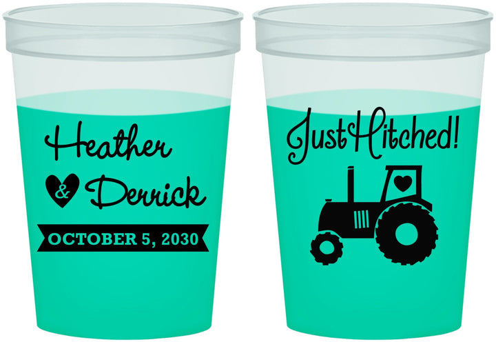 Custom Wedding 16 oz Color Changing Cups - Just Hitched Tractor | 482