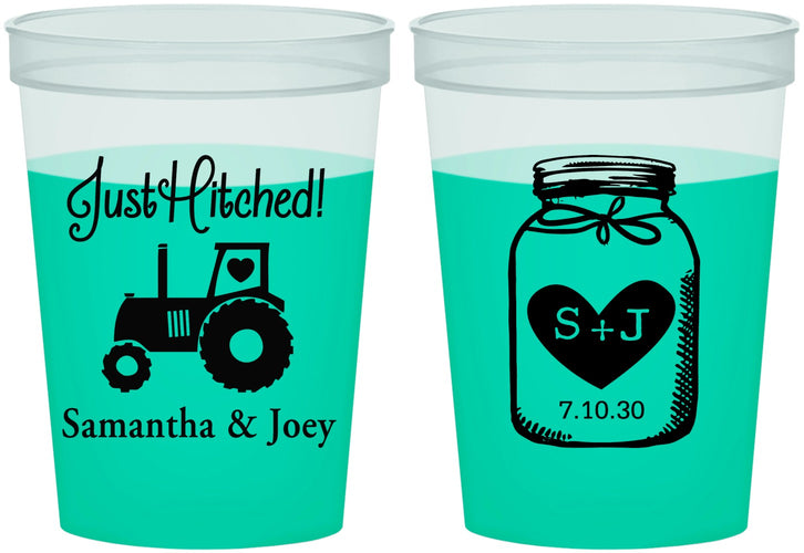 Custom Wedding 16 oz Color Changing Cups - Just Hitched Mason Jar | 483