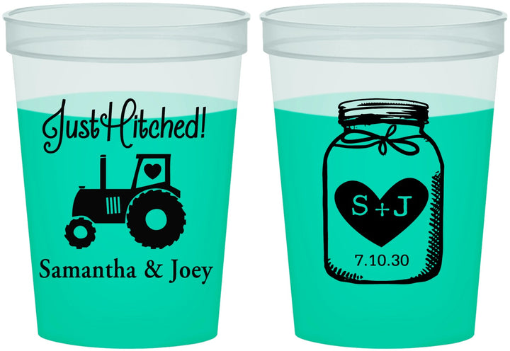 Custom Wedding 16 oz Color Changing Cups - Just Hitched Mason Jar | 483