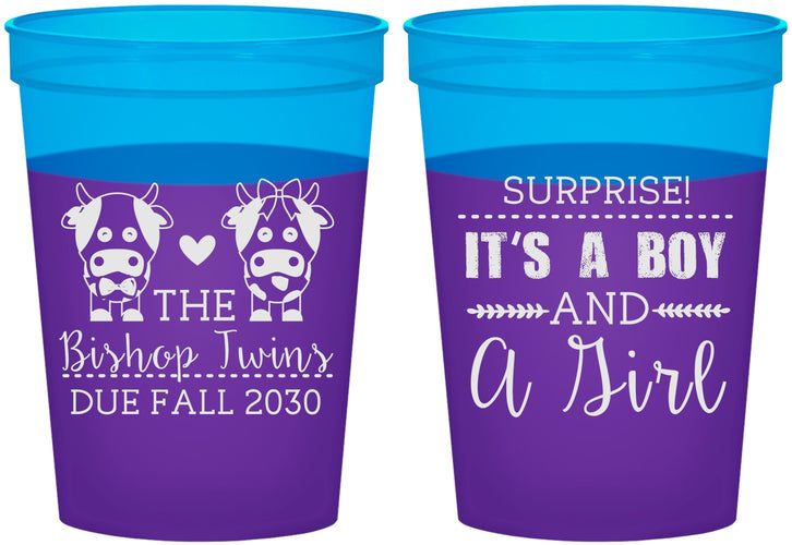Custom Baby Shower 16 oz Color Changing Cups - Twins Baby Cows | 90067