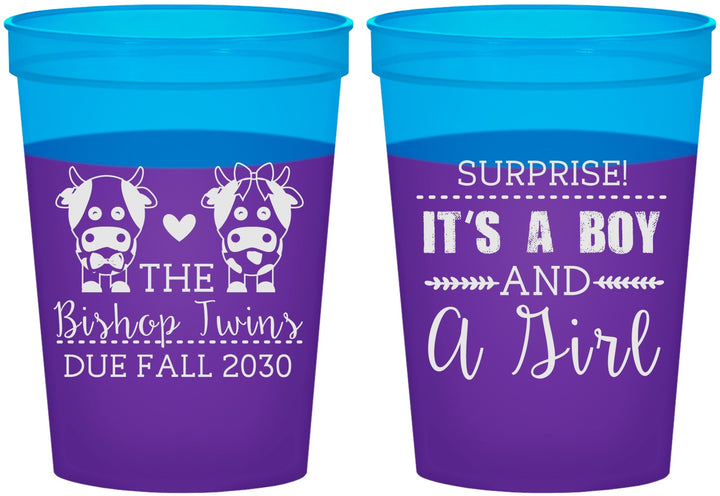 Custom Baby Shower 16 oz Color Changing Cups - Twins Baby Cows | 90067