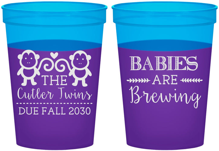 Custom Baby Shower 16 oz Color Changing Cups - Twins Baby Monkeys | 90068