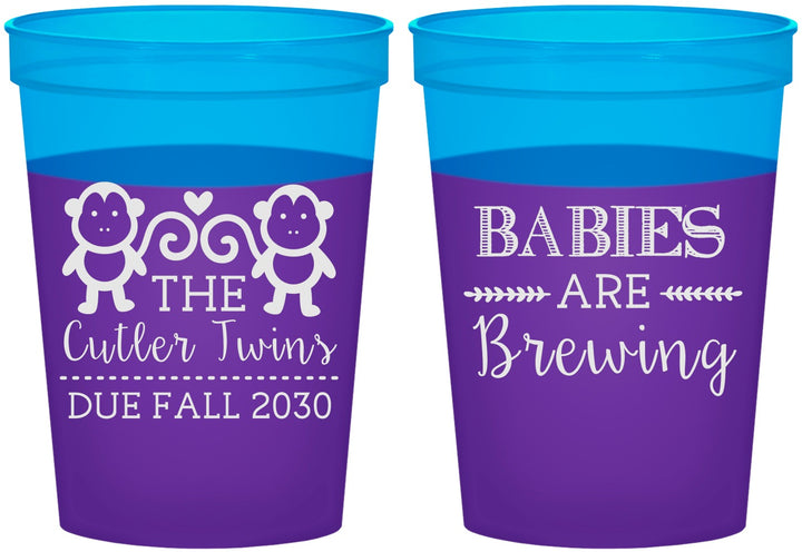 Custom Baby Shower 16 oz Color Changing Cups - Twins Baby Monkeys | 90068