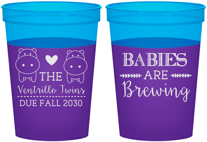 Custom Baby Shower 16 oz Color Changing Cups - Twins Baby Hippos | 90069