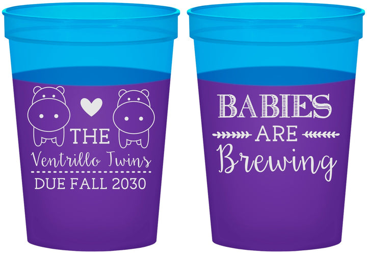 Custom Baby Shower 16 oz Color Changing Cups - Twins Baby Hippos | 90069