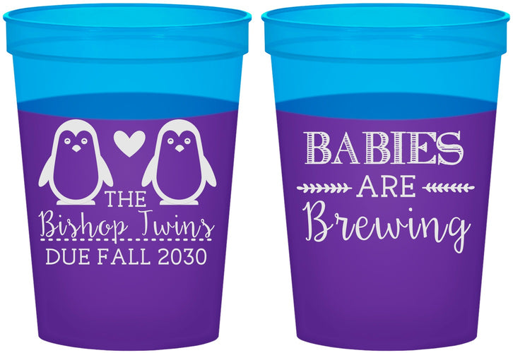 Custom Baby Shower 16 oz Color Changing Cups - Twins Baby Penguins | 90070