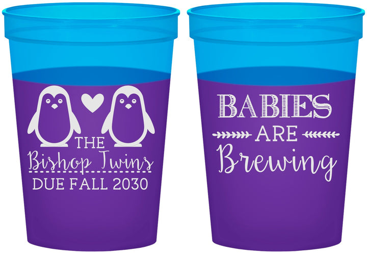 Custom Baby Shower 16 oz Color Changing Cups - Twins Baby Penguins | 90070