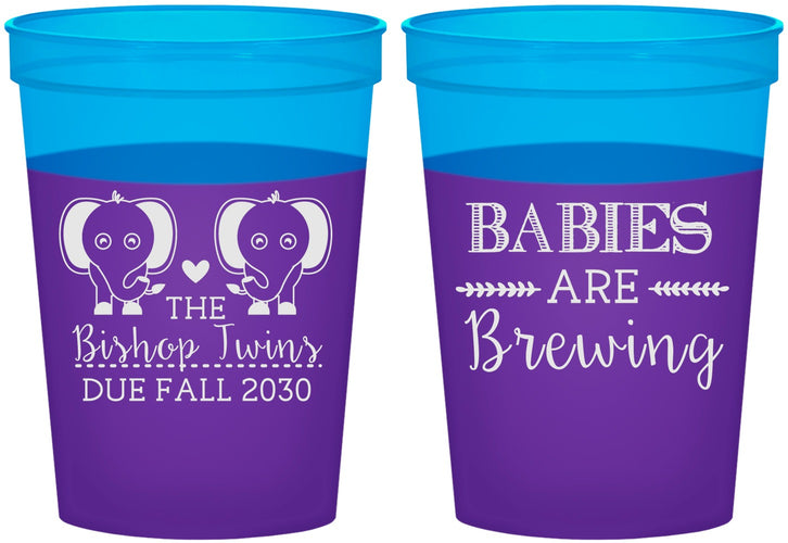 Custom Baby Shower 16 oz Color Changing Cups - Twins Baby Elephant | 90071