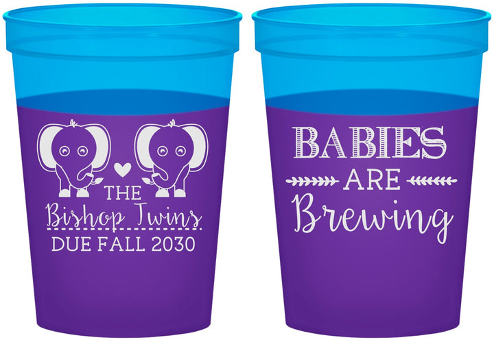 Custom Baby Shower 16 oz Color Changing Cups - Twins Baby Elephant | 90071