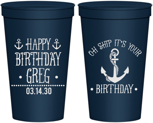 Personalized Birthday 22 oz Stadium Cups - Oh Ship Nautical | 20238
