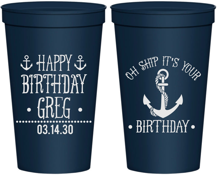 Personalized Birthday 22 oz Stadium Cups - Oh Ship Nautical | 20238