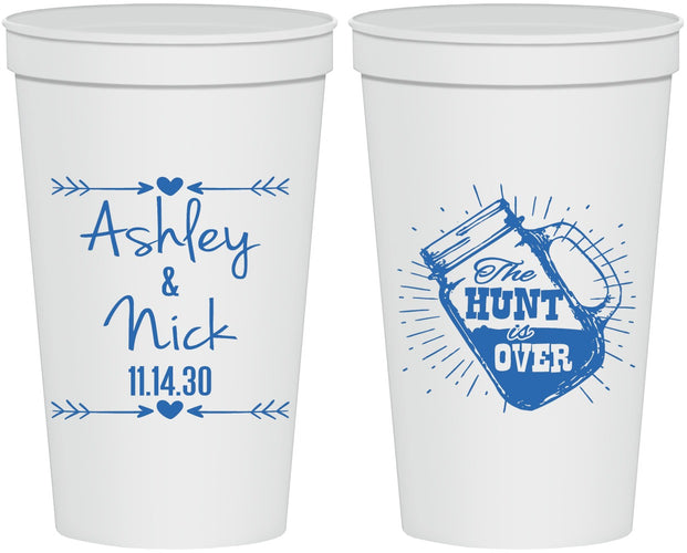 Personalized Wedding 22 oz Stadium Cups - The Hunt Is Over Mason Jar | 218