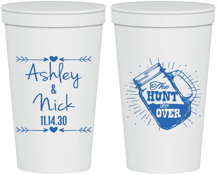 Personalized Wedding 22 oz Stadium Cups - The Hunt Is Over Mason Jar | 218