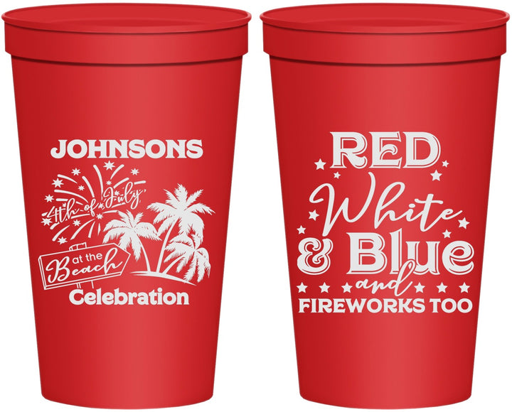 Personalized 4th Of July 22 oz Stadium Cups - Beach Fireworks | 220022
