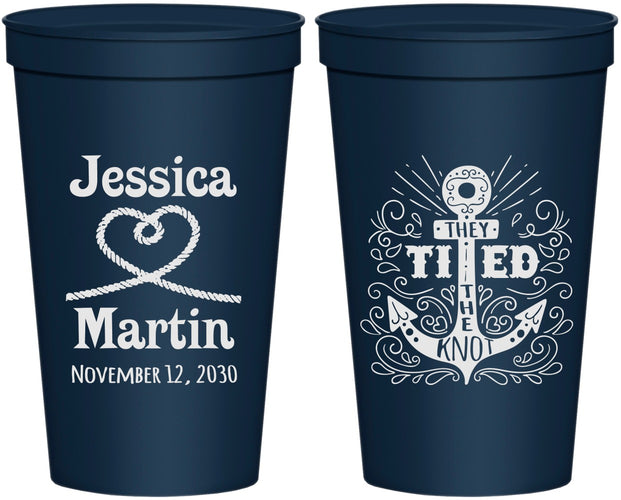 Personalized Wedding 22 oz Stadium Cups - They Tied The Knot Nautical | 293