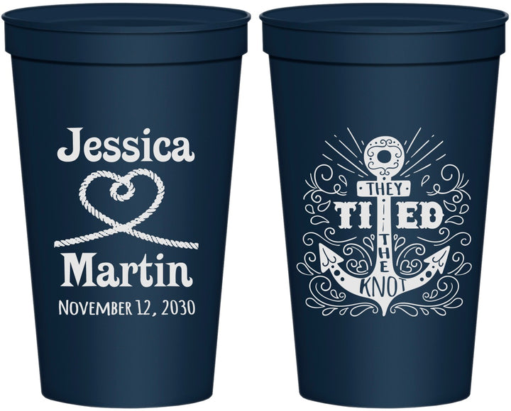 Personalized Wedding 22 oz Stadium Cups - They Tied The Knot Nautical | 293
