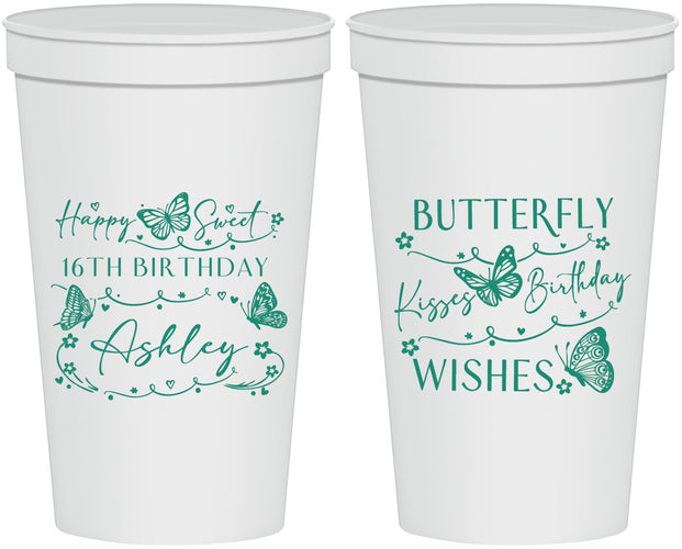 Personalized 16th Birthday 22 oz Stadium Cups - Butterfly Wishes | 300001