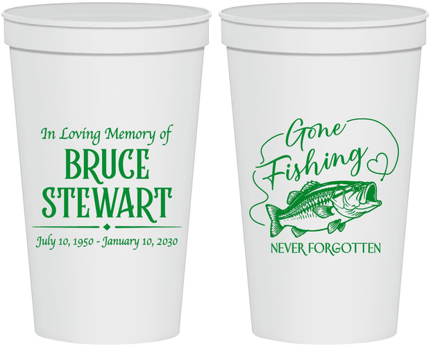 Personalized Memorial 22 oz Stadium Cups - Gone Fishing | 310023
