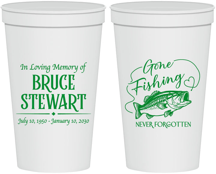 Personalized Memorial 22 oz Stadium Cups - Gone Fishing | 310023