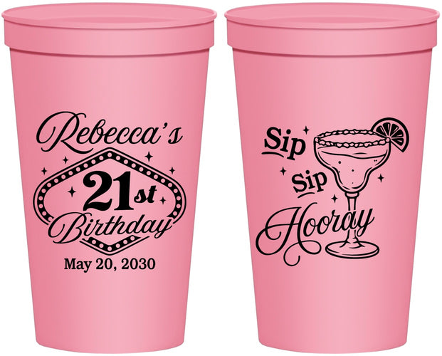 Personalized 21st Birthday 22 oz Stadium Cups - Sip Sip Hooray Vegas | 340006