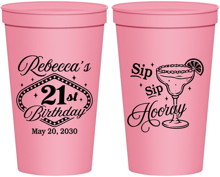 Personalized 21st Birthday 22 oz Stadium Cups - Sip Sip Hooray Vegas | 340006