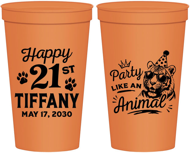 Personalized 21st Birthday 22 oz Stadium Cups - Party Like An Animal Tiger | 340020