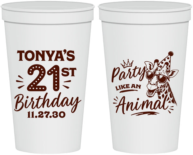 Personalized 21st Birthday 22 oz Stadium Cups - Party Like An Animal Giraffe | 340022