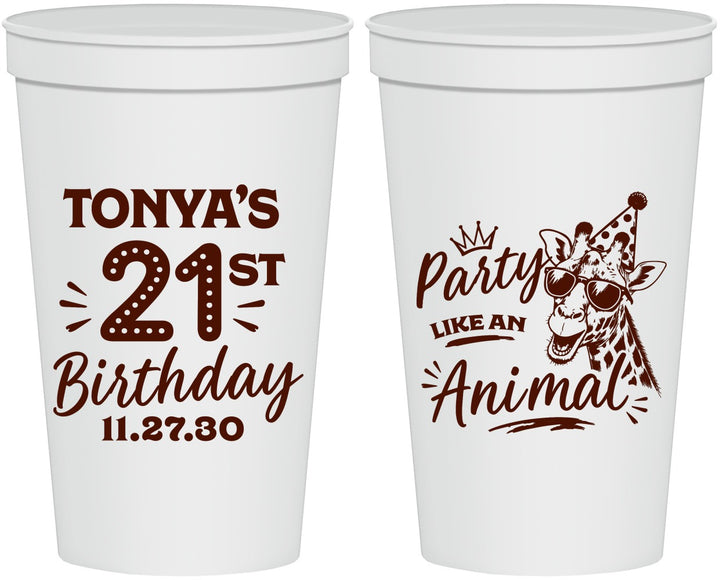 Personalized 21st Birthday 22 oz Stadium Cups - Party Like An Animal Giraffe | 340022