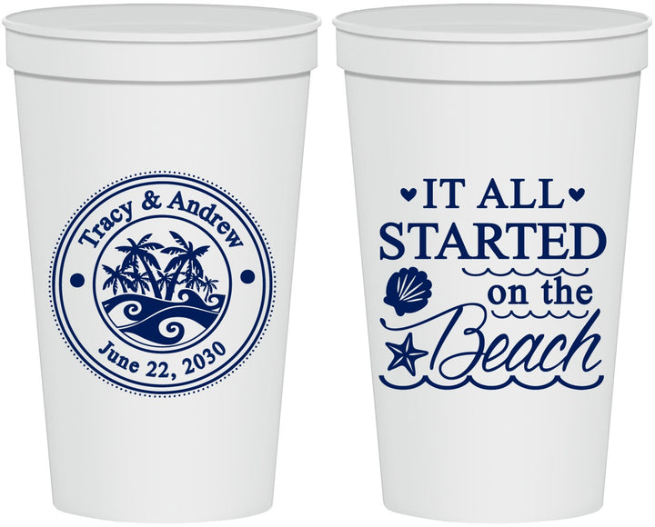 Personalized Wedding 22 oz Stadium Cups - Started On The Beach | 362