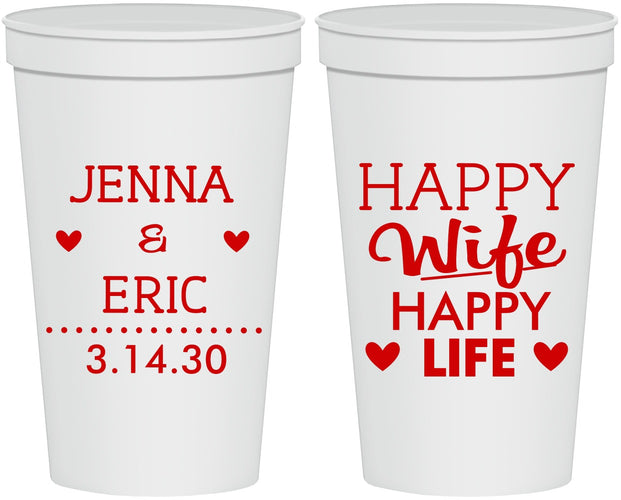Personalized Wedding 22 oz Stadium Cups - Happy Wife Happy Life | 393