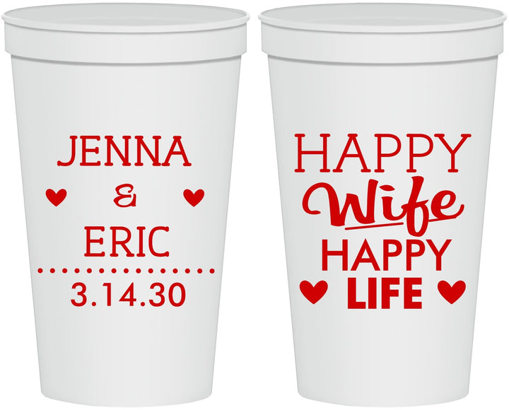 Personalized Wedding 22 oz Stadium Cups - Happy Wife Happy Life | 393