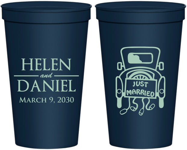 Personalized Wedding 22 oz Stadium Cups - Just Married Old Car | 413