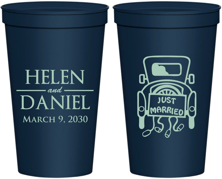 Personalized Wedding 22 oz Stadium Cups - Just Married Old Car | 413