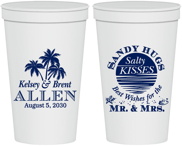 Personalized Wedding 22 oz Stadium Cups - Sandy Hugs Salty Kisses | 425