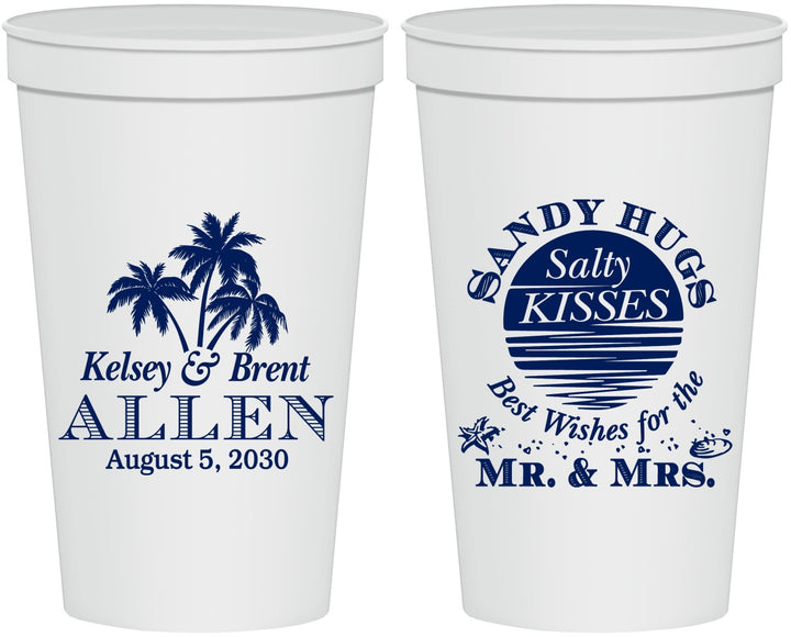 Personalized Wedding 22 oz Stadium Cups - Sandy Hugs Salty Kisses | 425