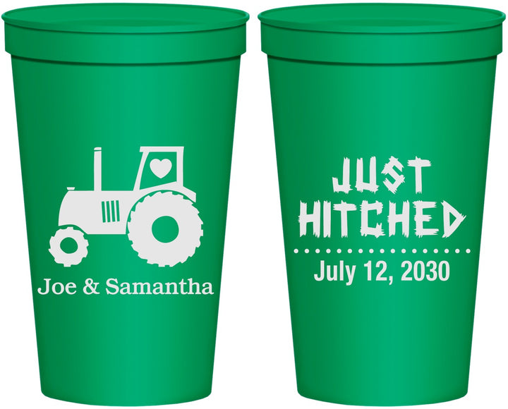 Personalized Wedding 22 oz Stadium Cups - Just Hitched Tractor | 429
